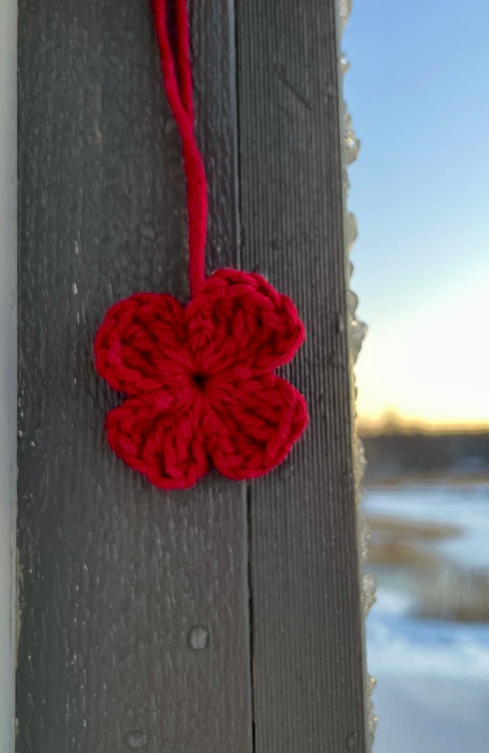 rote gehäkelte Blume vor Holzwand Winter